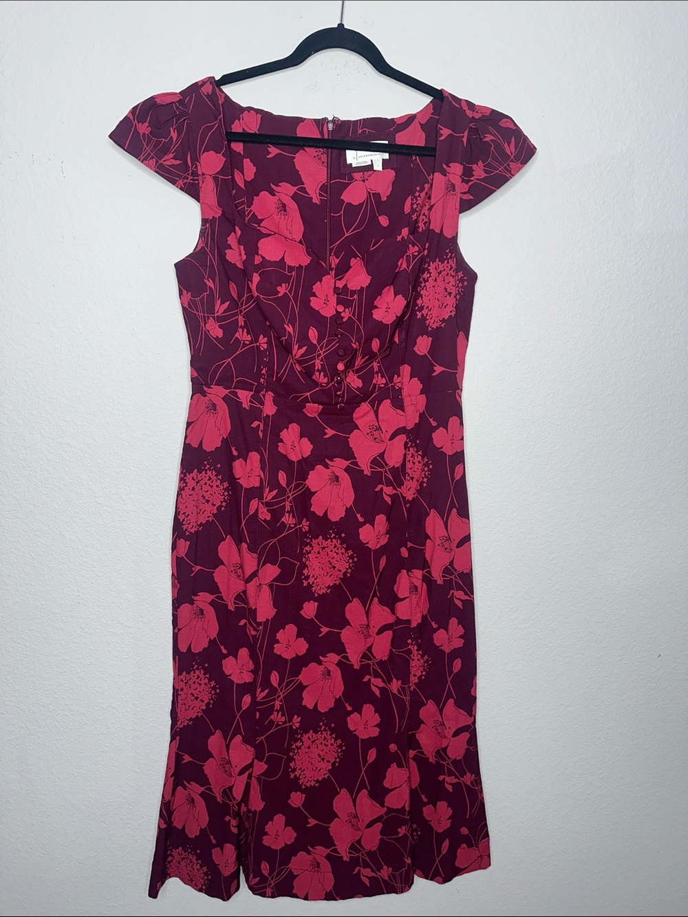 Anthropologie Burgundy and Pink Floral Cap-Sleeve Midi Dress